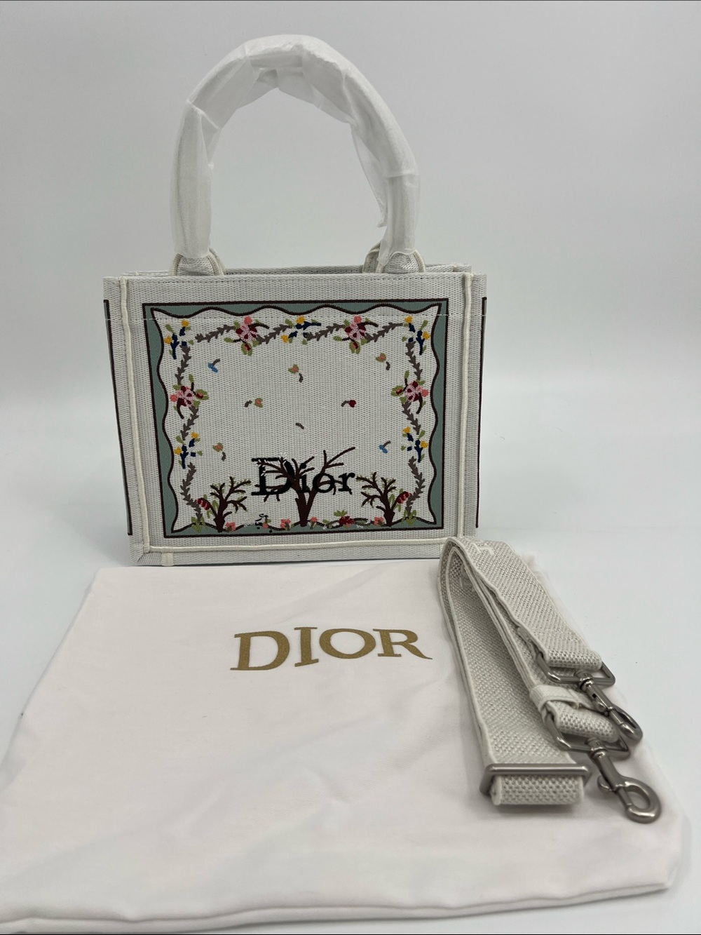 White Floral Embroidered Small Book Tote with Strap